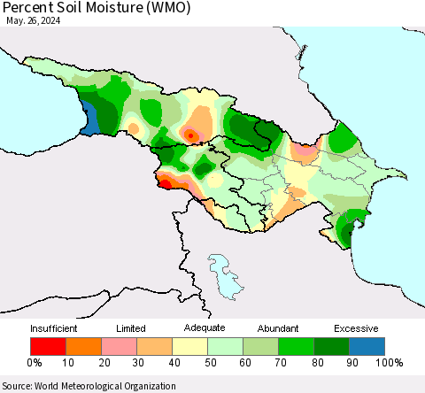 Azerbaijan, Armenia and Georgia Percent Soil Moisture (WMO) Thematic Map For 5/20/2024 - 5/26/2024