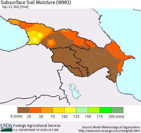 Azerbaijan, Armenia and Georgia Subsurface Soil Moisture (WMO) Thematic Map For 9/6/2021 - 9/12/2021