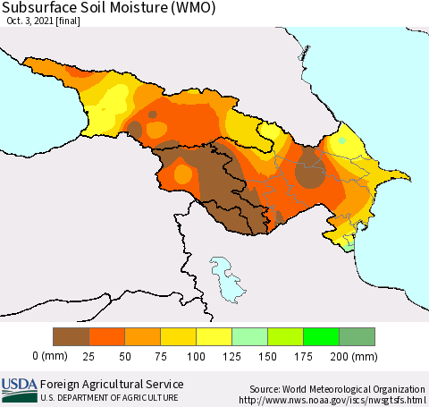 Azerbaijan, Armenia and Georgia Subsurface Soil Moisture (WMO) Thematic Map For 9/27/2021 - 10/3/2021