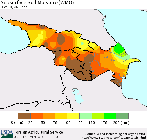 Azerbaijan, Armenia and Georgia Subsurface Soil Moisture (WMO) Thematic Map For 10/4/2021 - 10/10/2021