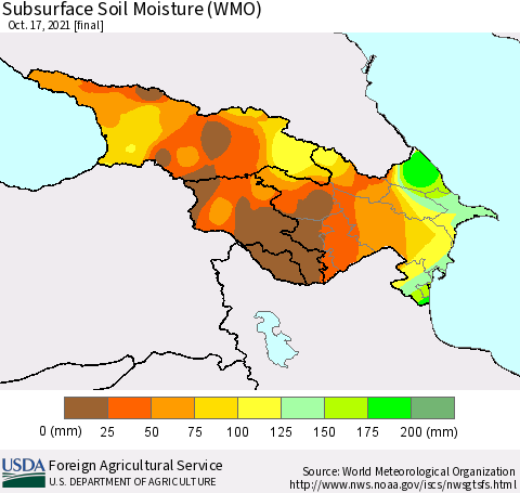 Azerbaijan, Armenia and Georgia Subsurface Soil Moisture (WMO) Thematic Map For 10/11/2021 - 10/17/2021