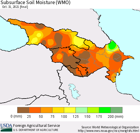 Azerbaijan, Armenia and Georgia Subsurface Soil Moisture (WMO) Thematic Map For 10/25/2021 - 10/31/2021