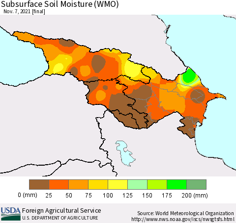 Azerbaijan, Armenia and Georgia Subsurface Soil Moisture (WMO) Thematic Map For 11/1/2021 - 11/7/2021