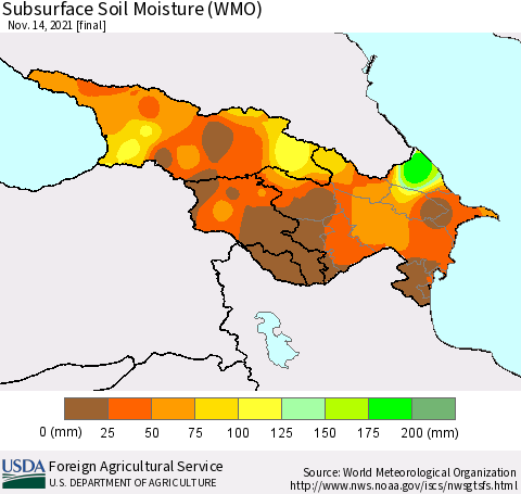 Azerbaijan, Armenia and Georgia Subsurface Soil Moisture (WMO) Thematic Map For 11/8/2021 - 11/14/2021