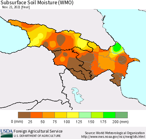 Azerbaijan, Armenia and Georgia Subsurface Soil Moisture (WMO) Thematic Map For 11/15/2021 - 11/21/2021