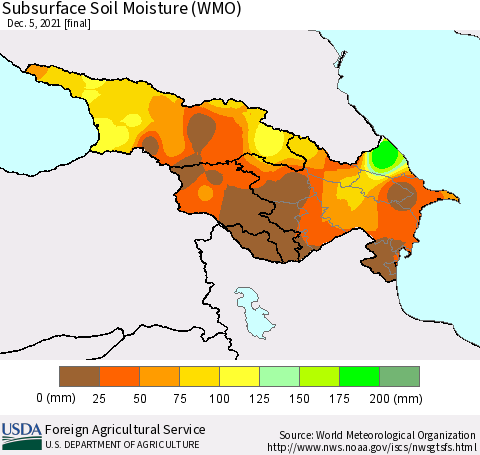 Azerbaijan, Armenia and Georgia Subsurface Soil Moisture (WMO) Thematic Map For 11/29/2021 - 12/5/2021