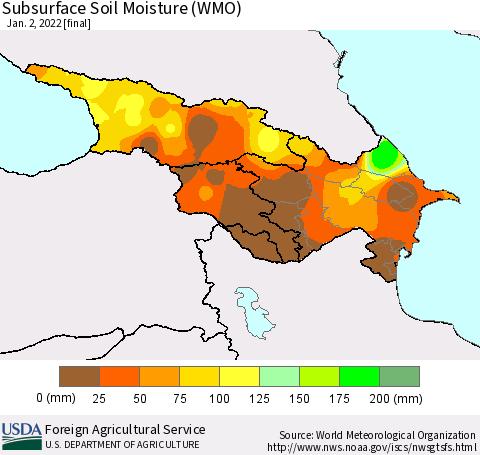 Azerbaijan, Armenia and Georgia Subsurface Soil Moisture (WMO) Thematic Map For 12/27/2021 - 1/2/2022