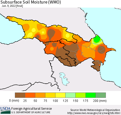 Azerbaijan, Armenia and Georgia Subsurface Soil Moisture (WMO) Thematic Map For 1/3/2022 - 1/9/2022