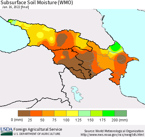 Azerbaijan, Armenia and Georgia Subsurface Soil Moisture (WMO) Thematic Map For 1/10/2022 - 1/16/2022