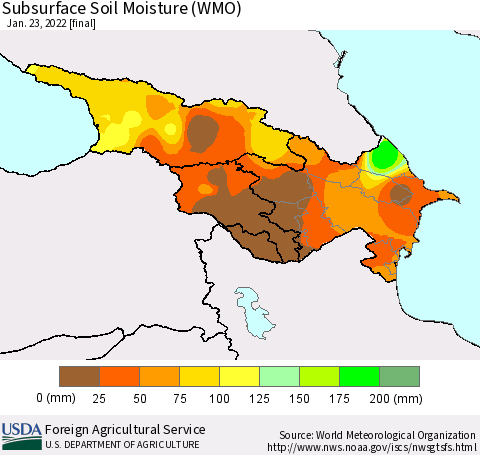 Azerbaijan, Armenia and Georgia Subsurface Soil Moisture (WMO) Thematic Map For 1/17/2022 - 1/23/2022