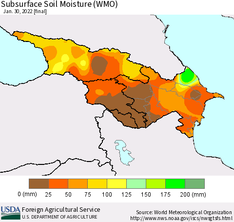 Azerbaijan, Armenia and Georgia Subsurface Soil Moisture (WMO) Thematic Map For 1/24/2022 - 1/30/2022