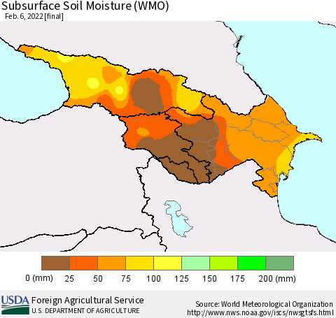 Azerbaijan, Armenia and Georgia Subsurface Soil Moisture (WMO) Thematic Map For 1/31/2022 - 2/6/2022