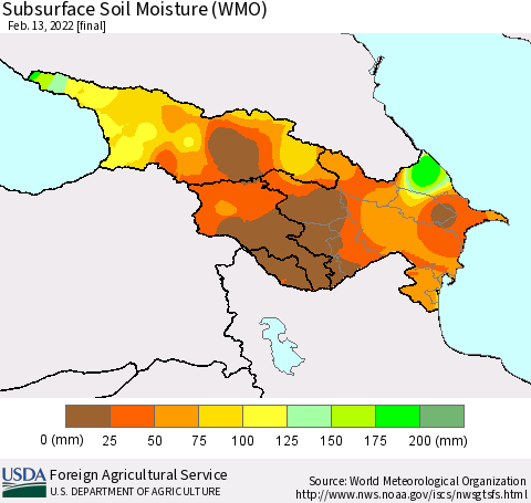 Azerbaijan, Armenia and Georgia Subsurface Soil Moisture (WMO) Thematic Map For 2/7/2022 - 2/13/2022