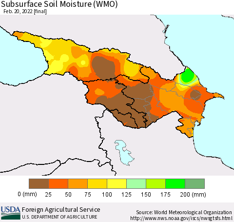 Azerbaijan, Armenia and Georgia Subsurface Soil Moisture (WMO) Thematic Map For 2/14/2022 - 2/20/2022