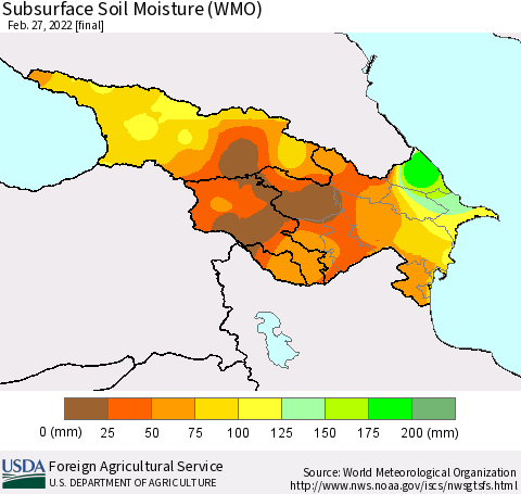 Azerbaijan, Armenia and Georgia Subsurface Soil Moisture (WMO) Thematic Map For 2/21/2022 - 2/27/2022