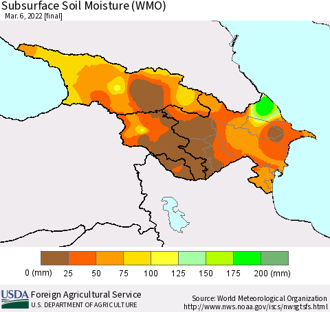 Azerbaijan, Armenia and Georgia Subsurface Soil Moisture (WMO) Thematic Map For 2/28/2022 - 3/6/2022