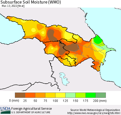 Azerbaijan, Armenia and Georgia Subsurface Soil Moisture (WMO) Thematic Map For 3/7/2022 - 3/13/2022