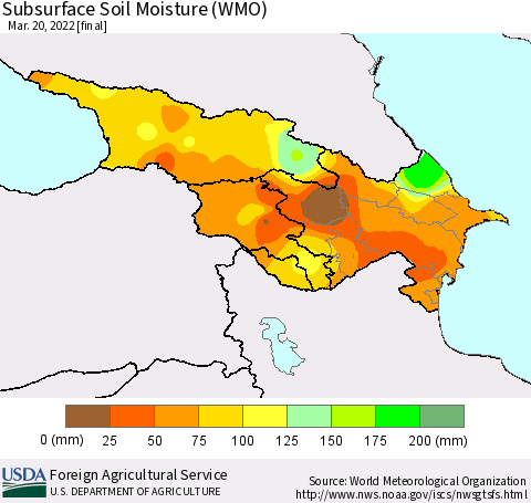 Azerbaijan, Armenia and Georgia Subsurface Soil Moisture (WMO) Thematic Map For 3/14/2022 - 3/20/2022