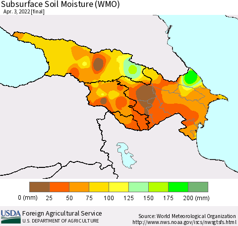 Azerbaijan, Armenia and Georgia Subsurface Soil Moisture (WMO) Thematic Map For 3/28/2022 - 4/3/2022
