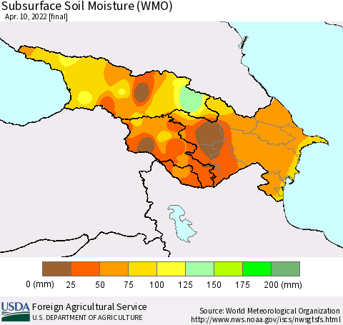 Azerbaijan, Armenia and Georgia Subsurface Soil Moisture (WMO) Thematic Map For 4/4/2022 - 4/10/2022