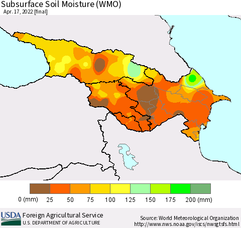 Azerbaijan, Armenia and Georgia Subsurface Soil Moisture (WMO) Thematic Map For 4/11/2022 - 4/17/2022
