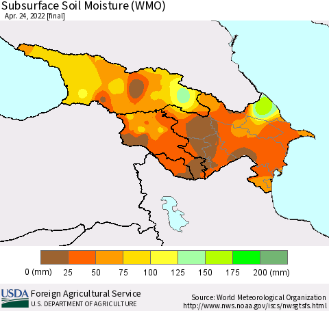 Azerbaijan, Armenia and Georgia Subsurface Soil Moisture (WMO) Thematic Map For 4/18/2022 - 4/24/2022