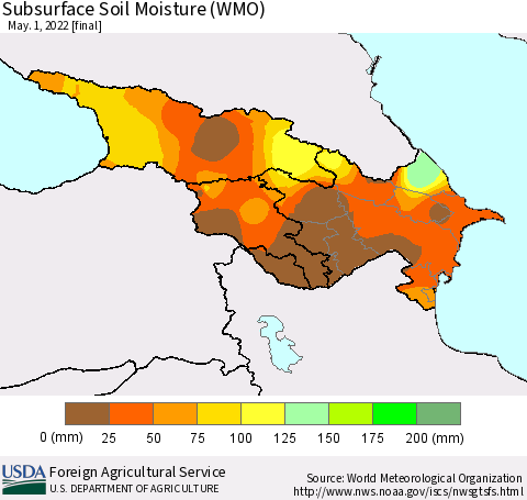 Azerbaijan, Armenia and Georgia Subsurface Soil Moisture (WMO) Thematic Map For 4/25/2022 - 5/1/2022