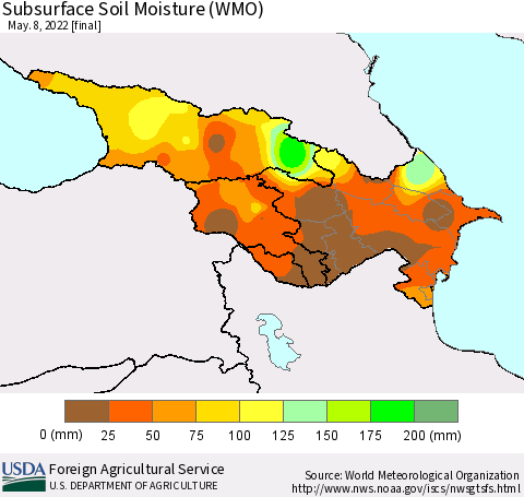 Azerbaijan, Armenia and Georgia Subsurface Soil Moisture (WMO) Thematic Map For 5/2/2022 - 5/8/2022