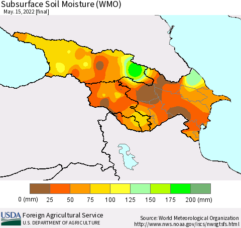 Azerbaijan, Armenia and Georgia Subsurface Soil Moisture (WMO) Thematic Map For 5/9/2022 - 5/15/2022