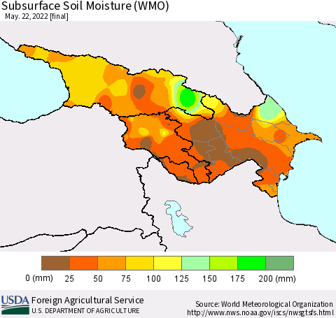 Azerbaijan, Armenia and Georgia Subsurface Soil Moisture (WMO) Thematic Map For 5/16/2022 - 5/22/2022
