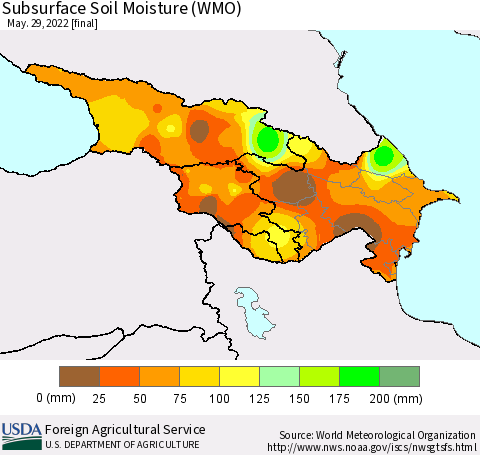 Azerbaijan, Armenia and Georgia Subsurface Soil Moisture (WMO) Thematic Map For 5/23/2022 - 5/29/2022