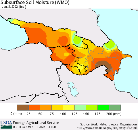 Azerbaijan, Armenia and Georgia Subsurface Soil Moisture (WMO) Thematic Map For 5/30/2022 - 6/5/2022