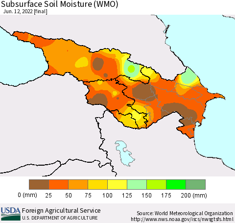 Azerbaijan, Armenia and Georgia Subsurface Soil Moisture (WMO) Thematic Map For 6/6/2022 - 6/12/2022