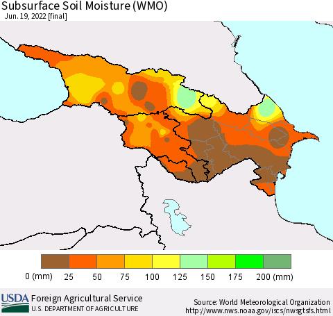 Azerbaijan, Armenia and Georgia Subsurface Soil Moisture (WMO) Thematic Map For 6/13/2022 - 6/19/2022