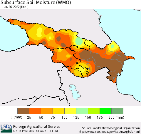 Azerbaijan, Armenia and Georgia Subsurface Soil Moisture (WMO) Thematic Map For 6/20/2022 - 6/26/2022