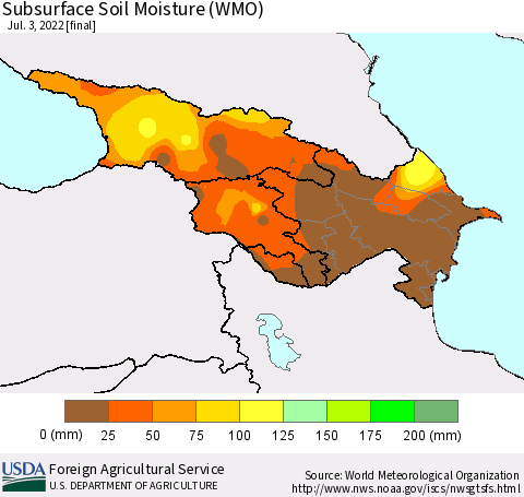 Azerbaijan, Armenia and Georgia Subsurface Soil Moisture (WMO) Thematic Map For 6/27/2022 - 7/3/2022