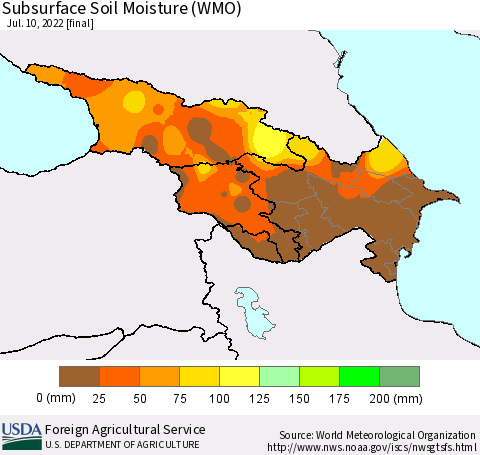 Azerbaijan, Armenia and Georgia Subsurface Soil Moisture (WMO) Thematic Map For 7/4/2022 - 7/10/2022