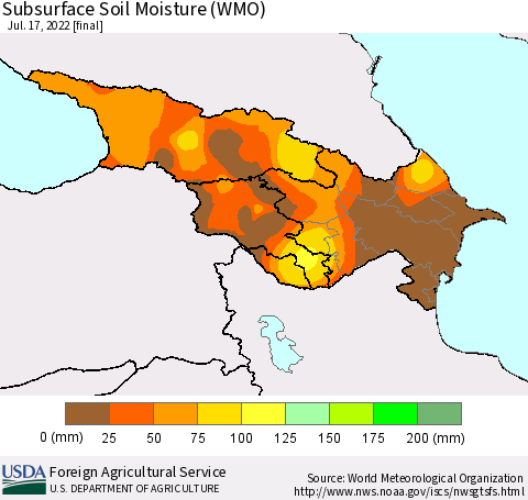 Azerbaijan, Armenia and Georgia Subsurface Soil Moisture (WMO) Thematic Map For 7/11/2022 - 7/17/2022