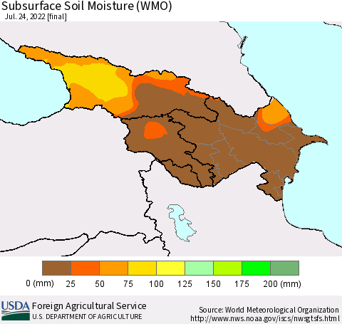 Azerbaijan, Armenia and Georgia Subsurface Soil Moisture (WMO) Thematic Map For 7/18/2022 - 7/24/2022