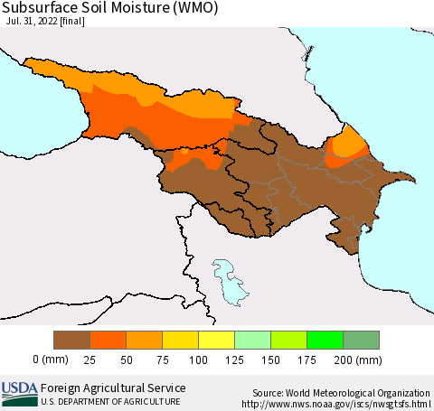Azerbaijan, Armenia and Georgia Subsurface Soil Moisture (WMO) Thematic Map For 7/25/2022 - 7/31/2022