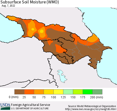 Azerbaijan, Armenia and Georgia Subsurface Soil Moisture (WMO) Thematic Map For 8/1/2022 - 8/7/2022