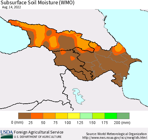 Azerbaijan, Armenia and Georgia Subsurface Soil Moisture (WMO) Thematic Map For 8/8/2022 - 8/14/2022