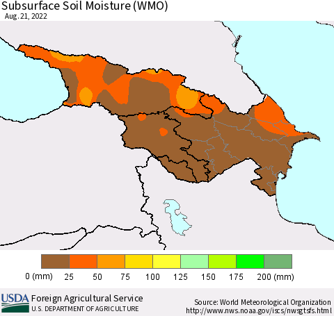 Azerbaijan, Armenia and Georgia Subsurface Soil Moisture (WMO) Thematic Map For 8/15/2022 - 8/21/2022