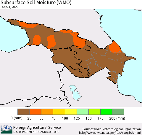 Azerbaijan, Armenia and Georgia Subsurface Soil Moisture (WMO) Thematic Map For 8/29/2022 - 9/4/2022