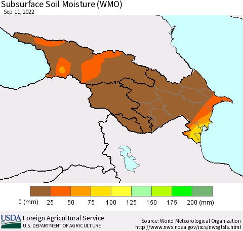 Azerbaijan, Armenia and Georgia Subsurface Soil Moisture (WMO) Thematic Map For 9/5/2022 - 9/11/2022