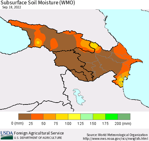 Azerbaijan, Armenia and Georgia Subsurface Soil Moisture (WMO) Thematic Map For 9/12/2022 - 9/18/2022
