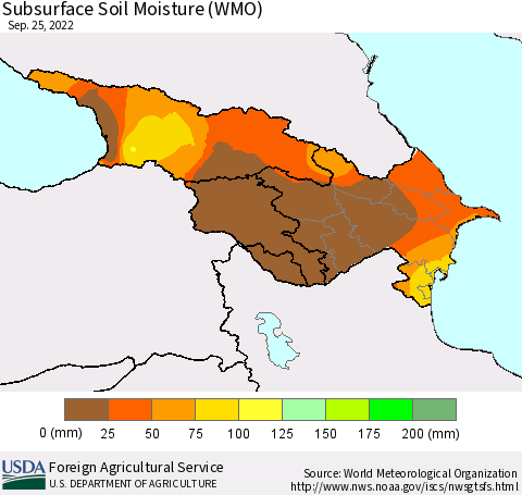 Azerbaijan, Armenia and Georgia Subsurface Soil Moisture (WMO) Thematic Map For 9/19/2022 - 9/25/2022