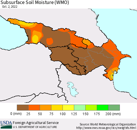 Azerbaijan, Armenia and Georgia Subsurface Soil Moisture (WMO) Thematic Map For 9/26/2022 - 10/2/2022