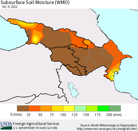 Azerbaijan, Armenia and Georgia Subsurface Soil Moisture (WMO) Thematic Map For 10/3/2022 - 10/9/2022