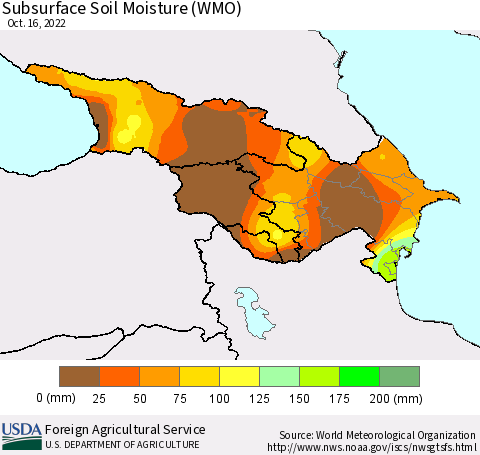 Azerbaijan, Armenia and Georgia Subsurface Soil Moisture (WMO) Thematic Map For 10/10/2022 - 10/16/2022